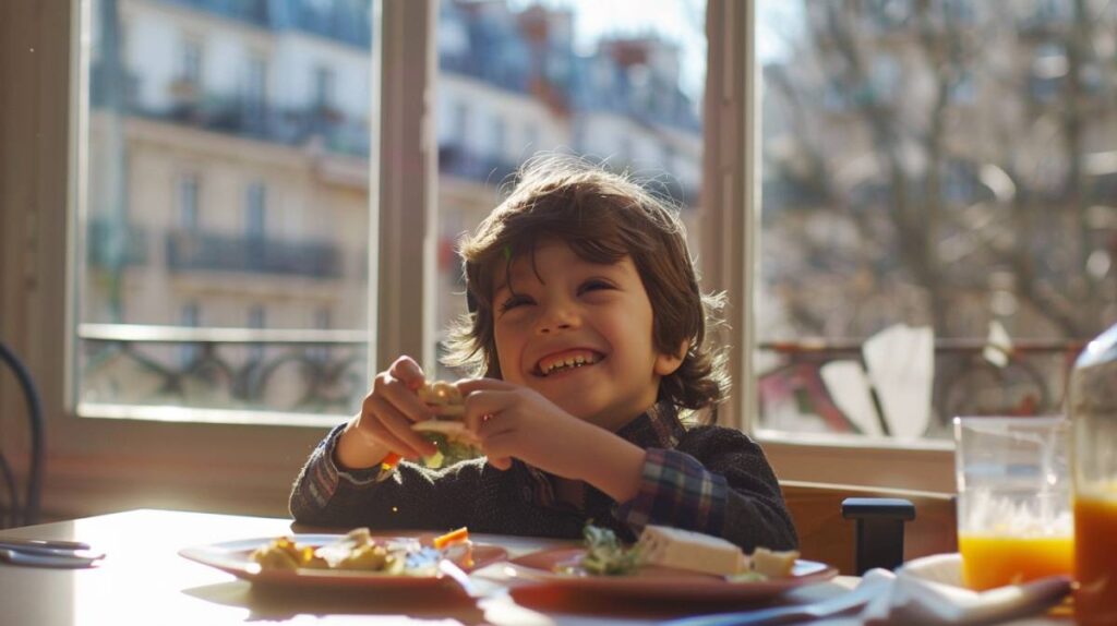 enfant heureux qui mange à table